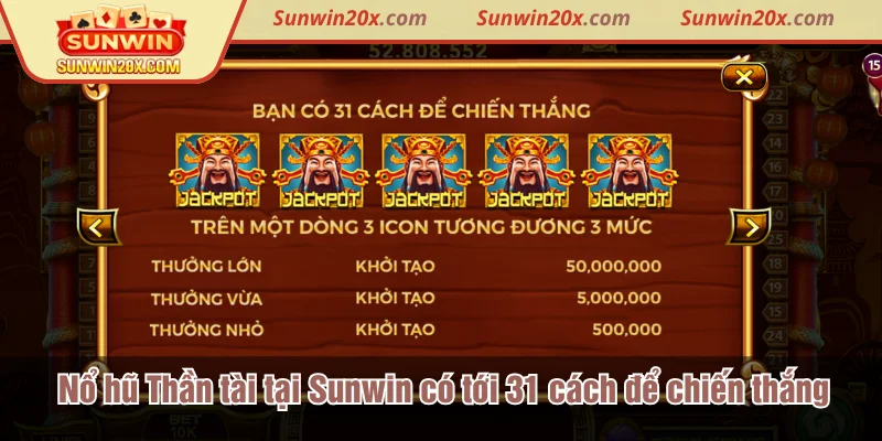 Siêu phẩm nổ hũ Thần tài tại Sunwin có tới 31 cách để chiến thắng